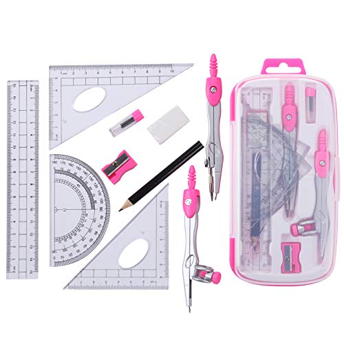 Vobou Math Geometry Sets 10 Pcs, Student Supplies Kit, for School (Pink - color: Pink