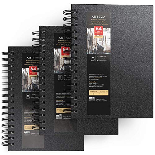 ARTEZA Watercolor Sketchbook Set, 3-Pack, 64 Pages per Book, 5.5 x 8.5 Inches, Black Hardcover Spiral Notebooks, 140-Pound Premium Watercolor Paper for Artists - color: Black, size: 5.5x8.5 inch - 3 pack