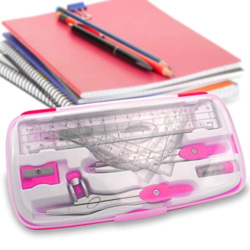 Akuoly Maths Compasses Full Starter Geometry Kit with 2 Drafting Compasses Protractor 2 Set Squares Ruler Pencil and More for Students Maths Study Homework etc. Pink