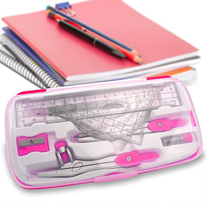 Akuoly Maths Compasses Full Starter Geometry Kit with 2 Drafting Compasses Protractor 2 Set Squares Ruler Pencil and More for Students Maths Study Homework etc. Pink