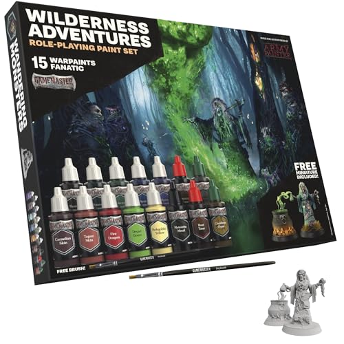 The Army Painter GameMaster: Wilderness Adventures Role-playing Paint Set, 15x18 ml Warpaints Fanatic Acrylic, 1 GameMaster Drybrush, 1 FREE Hard-plastic snap-fit Hag Miniature | 15 x 18ml Warpaints Fanatic Acrylic Paints, 1 GameMaster Dry Brush, 1 Free M