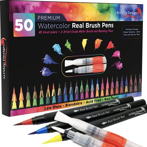 50 Bonus Pack Watercolor Brush Pens Combo Pack, 48 Colors 2 Water Brushes, Flexible Real Nylon Brush Tips, for Watercolor Painting Calligraphy Coloring, Beginner or Artist, Portable, Low Mess - color: 50 Pack