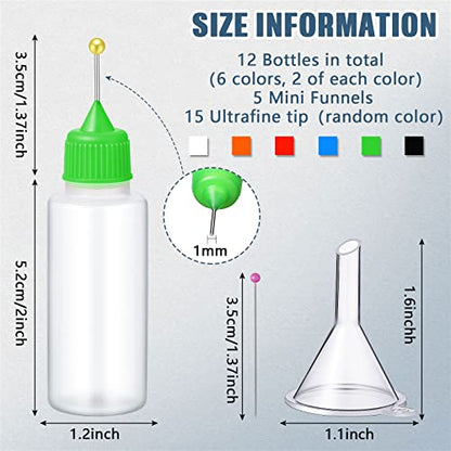 Baderke 12 Pcs Precision Tip Applicator Bottles 20 ml Needle Fine Tip Squeeze Glue Applicator Bottle with 5 Pcs Mini Funnel 15 Pcs Pin for Alcohol Ink DIY Quilling Craft Acrylic Painting