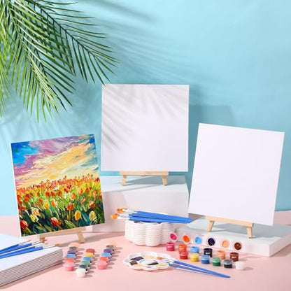 Qilery 24 Set 8 x 8 Inch Canvas Boards and Easel for Painting, Acrylic Paint Strips, Palettes, Brushes, Canvases Painting Kits for Kids Adults Artists Beginners Oil Acrylic Painting Party Favors - size: 8" X 8"