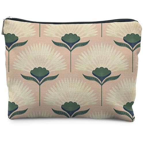 Vintage Boho Floral Pink Makeup Bag, Art Deco Floral Botanical Cosmetic Bags for Women, Boho Gifts for Women, Retro Mid Century Modern Art Zipper Makeup Pouch - color: Dandelion