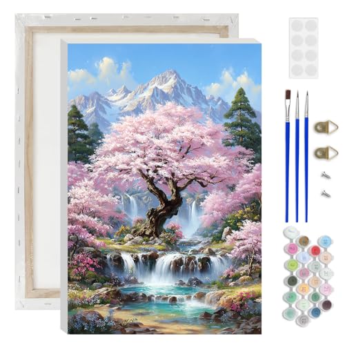 Lxmsja Cherry Blossom Tree Paint by Numbers Kit for Adults, Mountains Waterfalls Acrylic Paint by Numbers for Adults Beginner, DIY Craft Supplies Oil Painting Kits for Wall Decor 8x12 inch (Framed) - color: pink#116