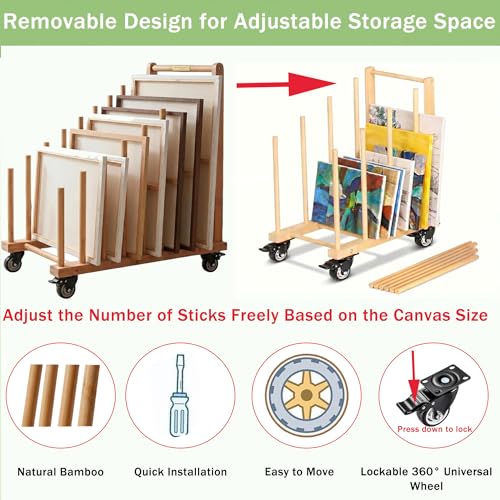 Art Storage Rack with Brake Caster Wheels,Art Drying Rack Wooden Storage Rack for Canvas Frames,Drawing Board Prints,Paper Pads,Perfect for Studios,Galleries, Museums, Art Venues (Large) - size: Large