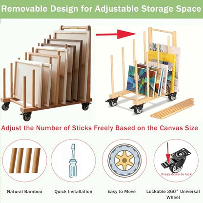 Art Storage Rack with Brake Caster Wheels,Art Drying Rack Wooden Storage Rack for Canvas Frames,Drawing Board Prints,Paper Pads,Perfect for Studios,Galleries, Museums, Art Venues (Large) - size: Large