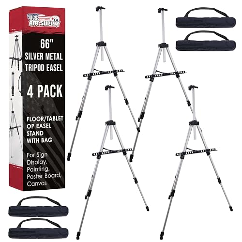 U.S. Art Supply 66" Silver Metal Tripod Easel Display, 4-Pack | Adjustable to 18", 5.5' Tall, Holds 36" Canvas - Floor/Tabletop Easel Stand, For Sign Display, Painting, Poster Board, Canvas