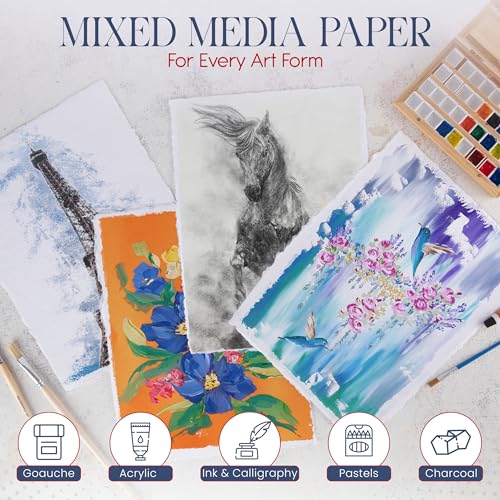 Wanderings Thick Handmade Watercolor Paper with Deckled Edge - 9" x 12" - 500GSM Premium White Cold-Pressed Textured Mixed Media Paper Made with Recycled Cotton - 15 Loose Leaf Sheets - color: White, size: 9x12 inches