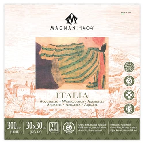 Magnani 1404 Italia Cold Press 100% Cotton Watercolor Paper Pad, 20 Sheets, 12x12, 140 lb, Acid-Free, UV Resistant, pH-Neutral, Vegan Sized Water Color Paper for Artists, Made in Italy - size: 12x12" Pad