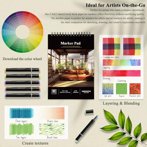CANVASTRA Marker Sketchbook 5.5x8.5, Small Marker Paper Pad, 90lb/150gsm Paper for Markers, 60 Sheets Sketch Pad for Alcohol Markers, Christmas Gifts for Grandkids. - size: 5.5" × 8.5", 60 Sheets