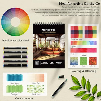 CANVASTRA Marker Sketchbook 5.5x8.5, Small Marker Paper Pad, 90lb/150gsm Paper for Markers, 60 Sheets Sketch Pad for Alcohol Markers, Christmas Gifts for Grandkids. - size: 5.5" × 8.5", 60 Sheets