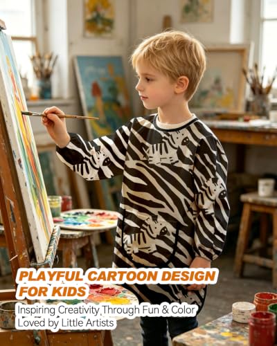 MINIQ Kids Art Smock,Waterproof Painting Apron Artist Smocks with Pocket Long Sleeves - color: Zebra Phantom, size: XXL for Age 5-8