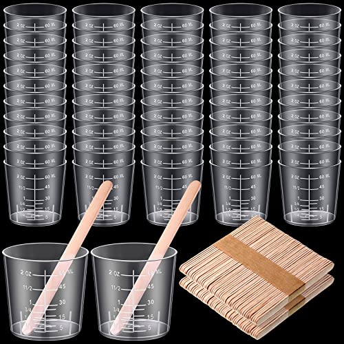 200 Pack 2oz/60ml Plastic Mixing Cups Disposable Measuring Cups, Epoxy Bulk Clear Beaker with Graduated and Mixing Sticks for Resin, Laboratory, Liquid, Acrylic Paint Art, Medicine
