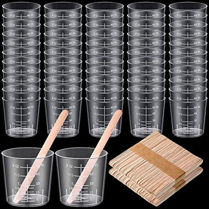 200 Pack 2oz/60ml Plastic Mixing Cups Disposable Measuring Cups, Epoxy Bulk Clear Beaker with Graduated and Mixing Sticks for Resin, Laboratory, Liquid, Acrylic Paint Art, Medicine
