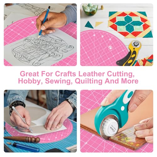 Headley Tools 13"x13" Round Rotating Cutting Mat, Self Healing Mat with 360-Degree Rotation & Anti-Slip Base, Sewing Board Cutting Mat Perfect for Fabric Quilting Leather Hobby Project, Pink - color: Pink, size: 13"L x 13"W