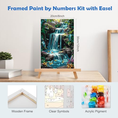 MOGTAA Paint by Numbers Kit for Adults with Frame, River Landscape Paint by Number Canvas, Flowers Paint by Numbers with Easel, DIY Butterfly Oil Painting Kit for Home Wall Decor 8 x 12 Inch