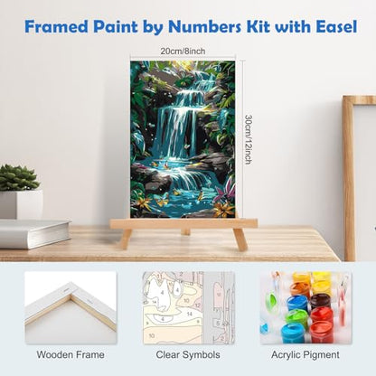MOGTAA Paint by Numbers Kit for Adults with Frame, River Landscape Paint by Number Canvas, Flowers Paint by Numbers with Easel, DIY Butterfly Oil Painting Kit for Home Wall Decor 8 x 12 Inch