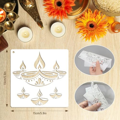 Konsait 16 PCS Diwali Rangoli Stencils for Painting on Wood, Reusable Mandala Stencils Templates Diyas Marigold Flower Rangoli Stencil for Diwali Crafts Decorations for Home