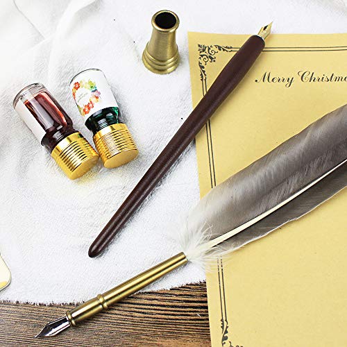 GIFTS Calligraphy Pen Set,12-Piece Kit, 5 Nib & 5 Ink Set,Writing Quill Pen,Anitque Dip Feather Pen Set (wood+feather)