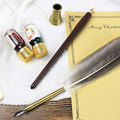 GIFTS Calligraphy Pen Set,12-Piece Kit, 5 Nib & 5 Ink Set,Writing Quill Pen,Anitque Dip Feather Pen Set (wood+feather)