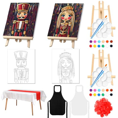 Zhanmai 2 Pack Christmas Sip and Paint Kit for Couples Date Night | 8 x 10 Inch, Nutcracker Pre Drawn Canvas, Paint Party Supplies, Romantic Adult Activity, Includes Easels Aprons Brushes Set - size: 8 x 10 Inch, style: Nutcracker