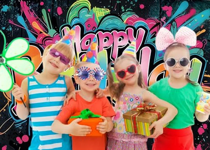 INRUI Colorful Graffiti Happy Birthday Photography Backdrop 6x4FT | Vibrant Drip Graffiti Birthday Art, Lightweight Vinyl, Retro/Hip-hop/Birthday Party Photo Backdrop, Easy Hang & Wipe Clean - size: 6x4FT