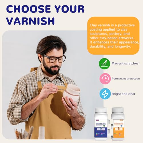 240ml Air Dry Clay Glaze, Clay Paint for Pottery Air Dry, Clay Paint High Gloss, Waterproof, Clay Glaze Set with 120ml Matte Varnish and 120ml Gloss Varnish, 2 Brushes.