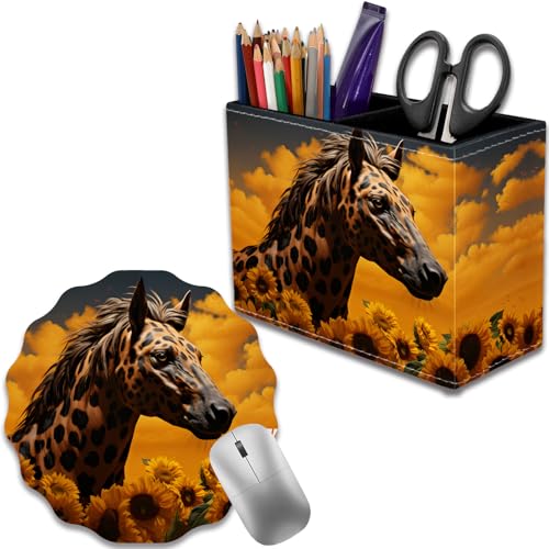 Pen Holder for Desk, PU Leather Multifunctional Desktop Storage Box and Anti-Slip Mouse Pad Set, Makeup Brush Holder Pen Organizer for Office and Home - Horse Leopard Print Sunflower - color: Horse Leopard Print Sunflower
