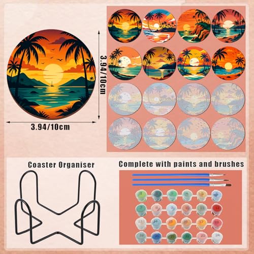 Reallnaive 8 Pcs Beach Paint by Numbers Kit for Adults Coastal Coasters | Mini Paint by Numbers, Tiny Palm Trees Sunset Round Oil Painting Drink Coaster with Holder, for Small DIY Craft Birthday Gift - style: Beach