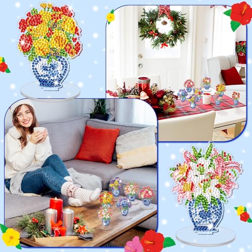 Kosiz 9 Pcs Chinoiserie Flower Diamond Painting Tabletop Decoration, Double Sided Acrylic Porcelain Diamond Art Kit for Adult, DIY 5D Rhinestone Blue White Flower Centerpiece for Table Home Desk Decor - style: Chinoiserie