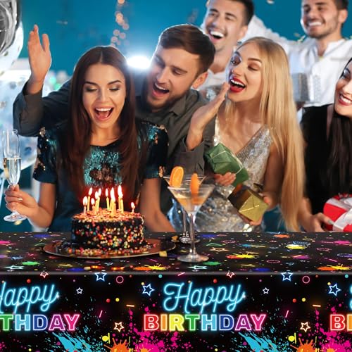 Kochorie 2 Pack Glow in the Dark Birthday Tablecloth 54 x 108 Inch Neon Disposable Plastic Table Cover Graffiti Paint Glow Table Cloths for Black Light Party, Let's Glow Birthday Decorations - style: Glow in the Dark Birthday