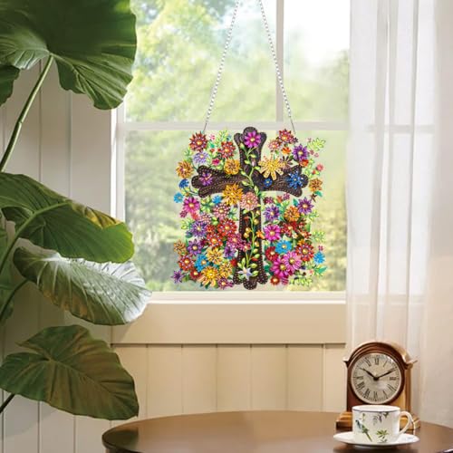 RYMILIE Cross with Flowers Hanging Diamond Art for Adults, Special Shaped Rhinestone, Diamond Painting Pendant DIY Gem Art Wall Hanging Ornament, Acrylic Home Garden Decor with Chain - color: DP03337