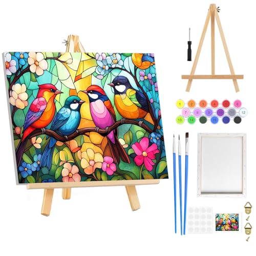 RICUVED Birds Paint by Numbers Kit for Adults Beginner Framed with Wooden Easel, Colorful Adults' Paint-by-Number Kits on Canvas, Flowers DIY Easy Acrylic Oil Painting by Numbers for Home Decor 8x12in - color: OMS064