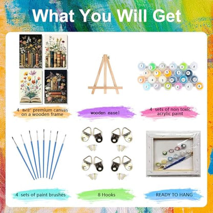 4 Pack Book Paint by Numbers for Adults with Framed Canvas - Wooden Easel - color: BKH1846+BKH1847+BKH1848+BKH1849