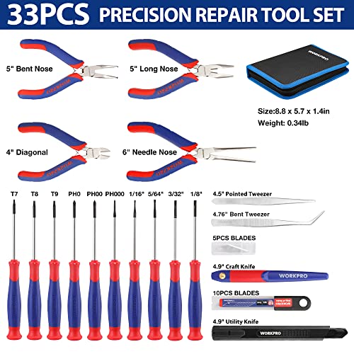WORKPRO 33PCS Precision Repair Tool Kit, Screwdriver, Pliers Set with Pouch