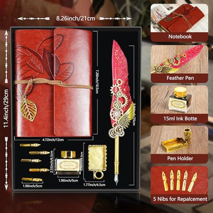 Feather Quill Pen and Ink Set,Calligraphy Set with Leather Journal Notebook | Feather Pen,5 Gold Nibs,Pen Holder,Ink,Antique Calligraphy Kits for Beginners Christmas Gift - color: Red