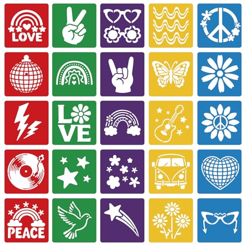 CUTHOLLOW Animals Fruit Plant Stencils, 24PCS 8-Inch Reusable Plastic | 24PCS 8-Inch Animals, Fruit & Plant Shapes, Reusable Washable Plastic, Painting, Crafts, Wall Art & Sidewalk Chalk - style: 25pcs-Vintage Peace Patterns
