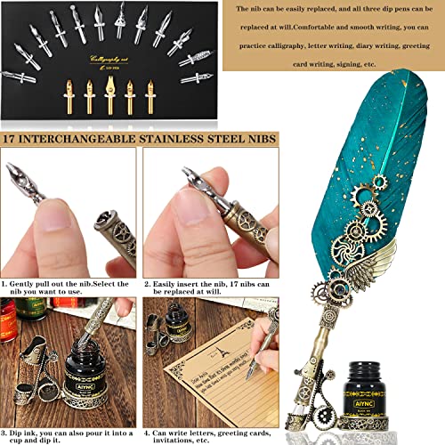 Feather Ink Set, With Quill Pen, Wooden Dip Pen, Glass Dip Pen, 6 Bottles Ink, 16 Letter Paper, 2 Envelopes, 17 Nibs, Pen Holder, 2 Bottles Fire Lacquer Wax, Stamp, Spoon, White Wax, Cup(Green) - color: Green