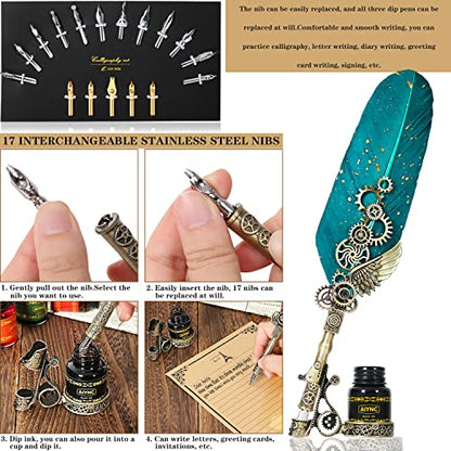 Feather Ink Set, With Quill Pen, Wooden Dip Pen, Glass Dip Pen, 6 Bottles Ink, 16 Letter Paper, 2 Envelopes, 17 Nibs, Pen Holder, 2 Bottles Fire Lacquer Wax, Stamp, Spoon, White Wax, Cup(Green) - color: Green