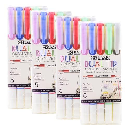 BAZIC PRODUCTS Dual-Tip Creative Markers, Chisel & Fine, 5 Colors, 4-Pack | acid-free, water-resistant, non-toxic, ASTM D-4236, art, lettering - color: Classic Set, size: 4-Pack