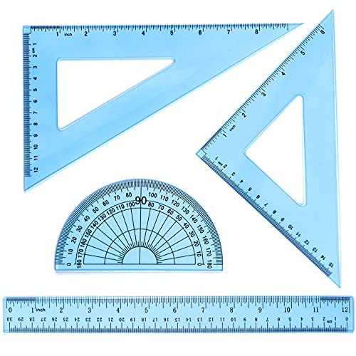 Coopay 12 Inch Math Geometry Tool Plastic Ruler Square Set Includes Straight Ruler, Triangles, Protractor for Student School Office Supplies (Blue) - color: Blue, size: 12 Inch