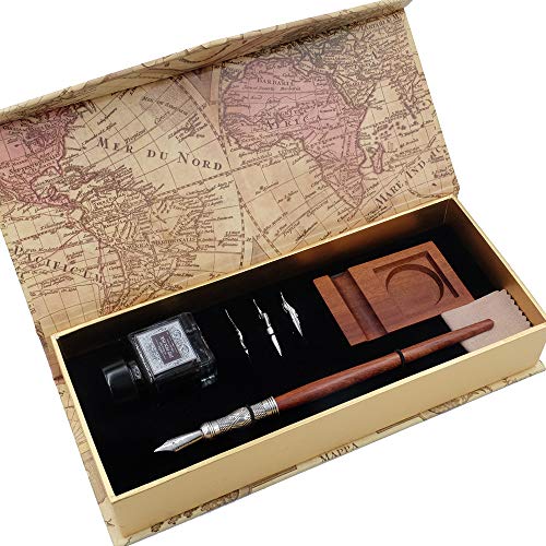 Antique Wooden Stem Pen Handcrafted Calligraphy Pen Set Dip Nib Pens-Writing Case With Black Ink Pen Wooden Holder Cartridges LL-184