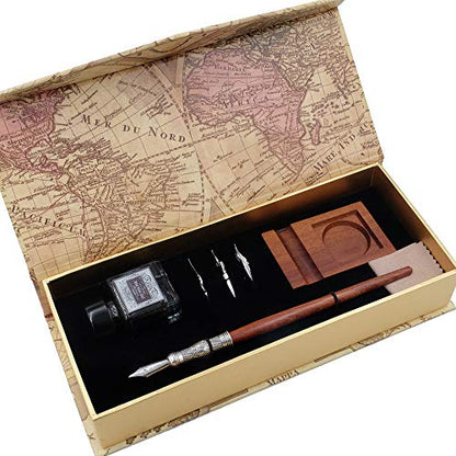 Antique Wooden Stem Pen Handcrafted Calligraphy Pen Set Dip Nib Pens-Writing Case With Black Ink Pen Wooden Holder Cartridges LL-184
