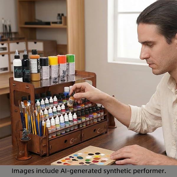 OPHIR Wooden Paint Organizer for 104 Bottles with 2 Brush Holder, 2 Drawer - size: 1.02" & 1.42"-104 Holes