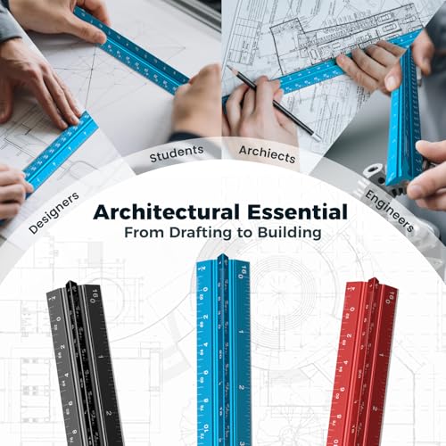 Rena Chris Architectural Scale Ruler: 12" Imperial Aluminum Alloy Metal Architecture Measuring Tools, Engineering Drafting Construction Drawing Blueprints Triangular Architect Scaling Rulers 12 Inches - color: Blue