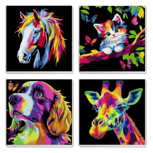 MXJSUA 4 Pack Framed Cute Animals Paint by Numbers for Kids Ages 6-12, Cat Dog Horse Giraffe Paint by Number Kits for Children Beginner, Acrylic Oil Painting for Home Wall Decor (8x8inch) - color: Animal-E