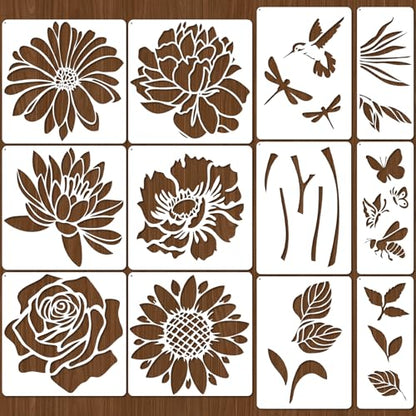 12 PCS Large Flower Painting Stencils, Reusable Sunflower Stencils for Painting on Wood Rocks Canvas Fabric Glass Pottery DIY Painting Art Projects - style: 12PCS Large Flower
