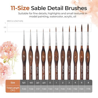 Nicpro 11 PCS Kolinsky Sable Miniature Paint Brushes with Cloth Roll | Professional Fine Detail Paint Brushes, Round Point Brush Set for Miniatures, Acrylic & Figures, Model, Watercolor Details - size: 11 PCS